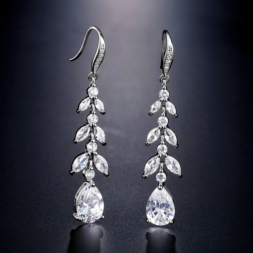 Zakol Elegant Shiny Cubic Zirconia Leaf Tassel Earrings