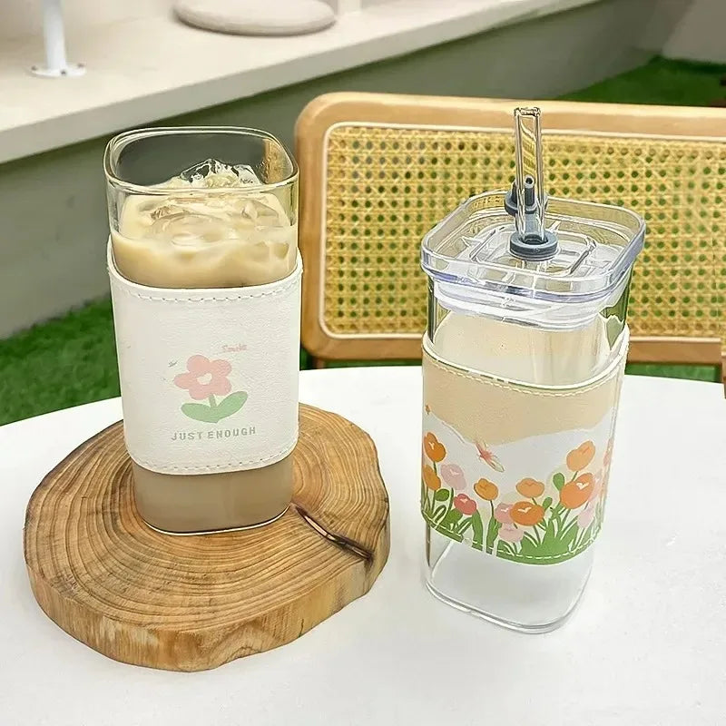 Heat-Resistant Borosilicate Glass Tumbler with Lid and Reusable Straw