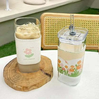 Heat-Resistant Borosilicate Glass Tumbler with Lid and Reusable Straw