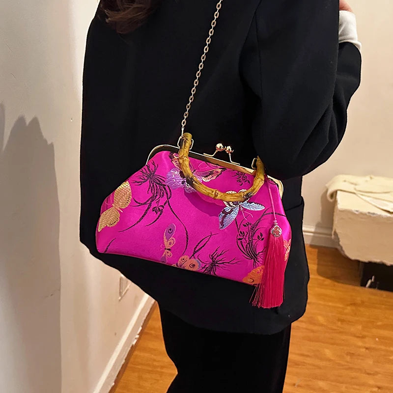 Luxury Embroidered Evening Handbag with Bamboo Handle