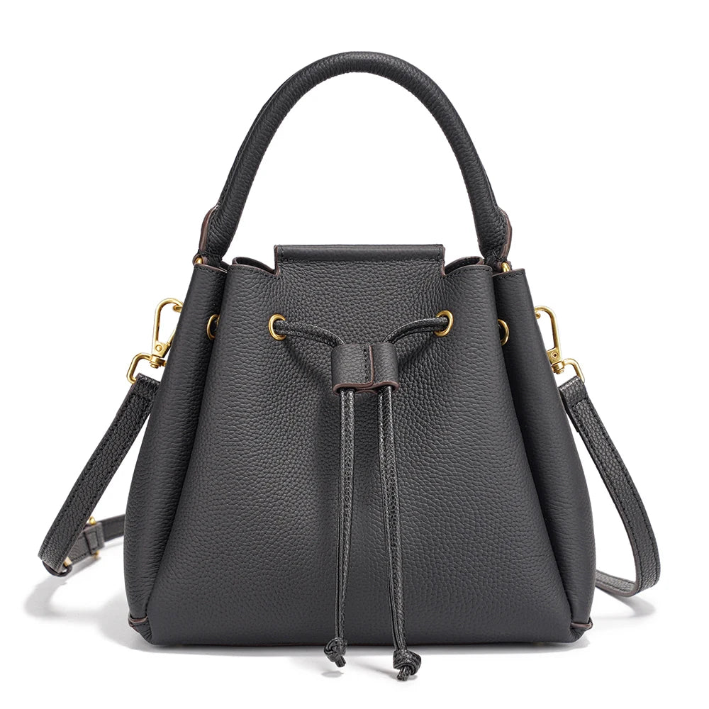 Genuine Leather Top-Handle Bucket Bag