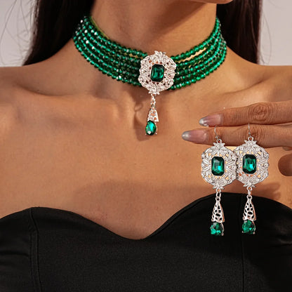 Multilayer Crystal Necklace & Geometric Earring Set