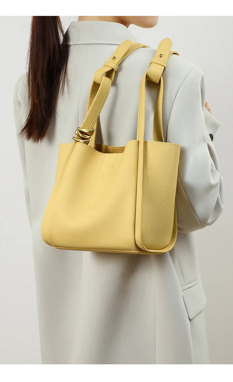 Genuine Leather Yellow Bucket Tote Bag for Women