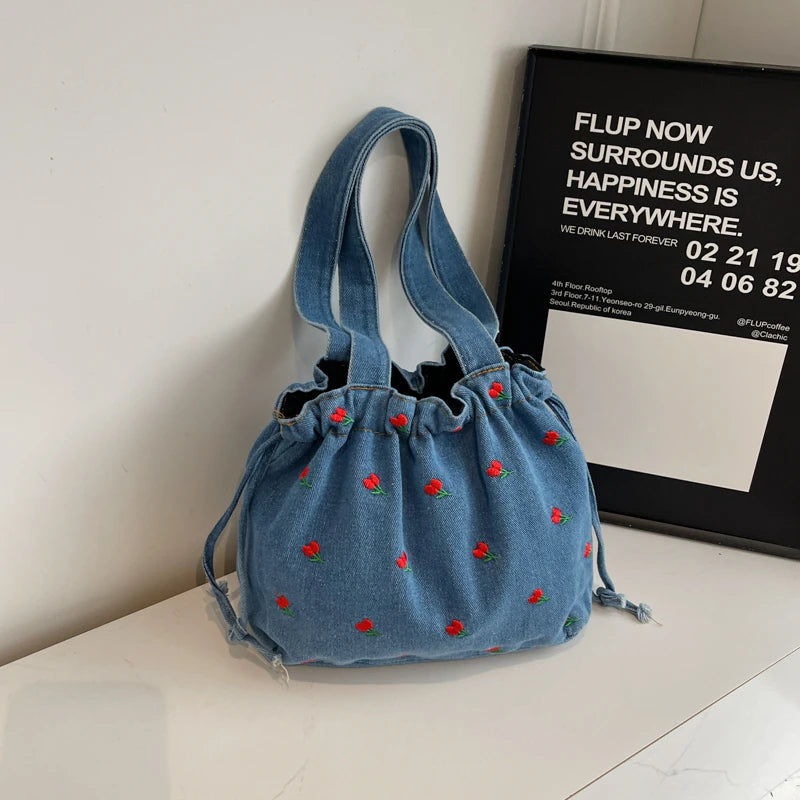 Embroidered Denim Drawstring Shoulder Tote Bag