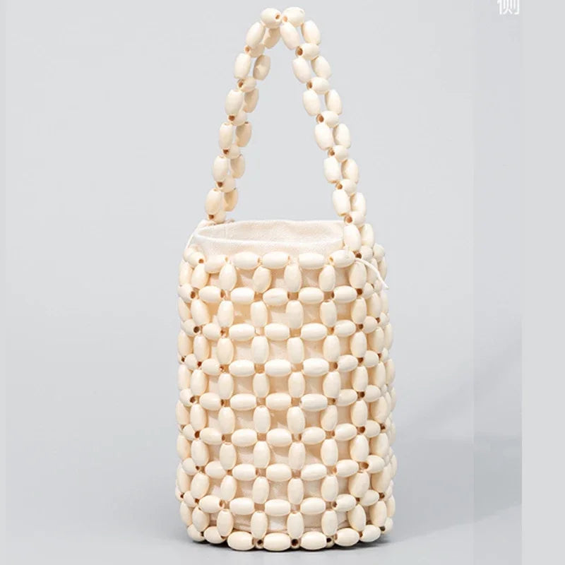Handmade Woven Wooden Bead Bucket Bag