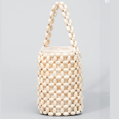 Handmade Woven Wooden Bead Bucket Bag