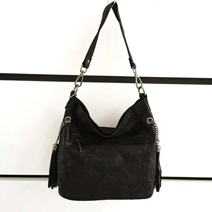 Designer Cow Leather Color Block Crossbody Bucket Handbag