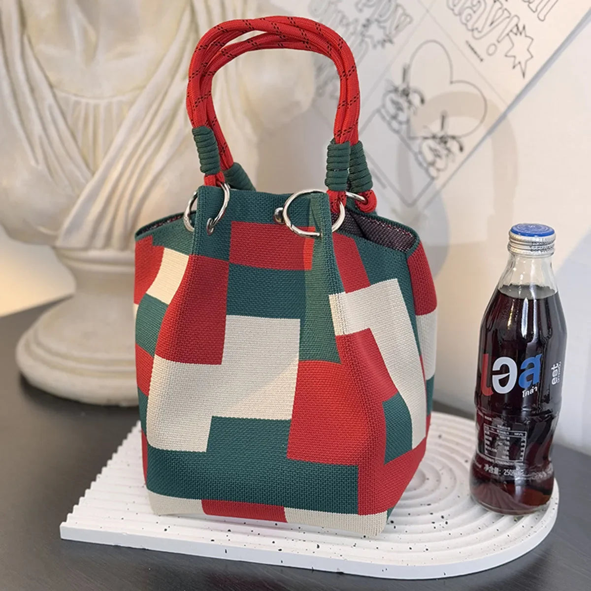 Color Block Knitted Cotton Bucket Tote Bag