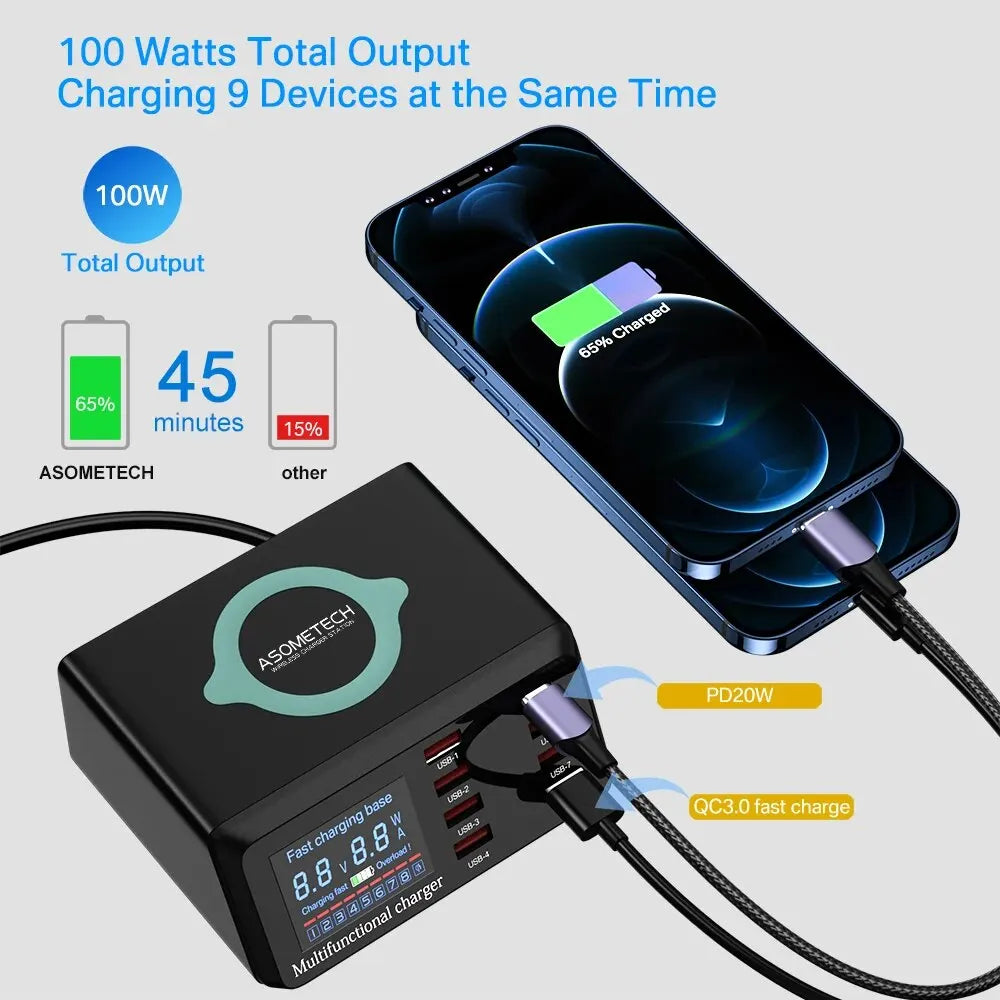 100W USB Charging Station with Wireless Charger