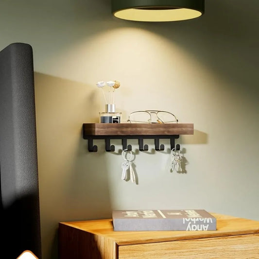 Wooden Wall Key Holder with Shelf & 6 Hooks