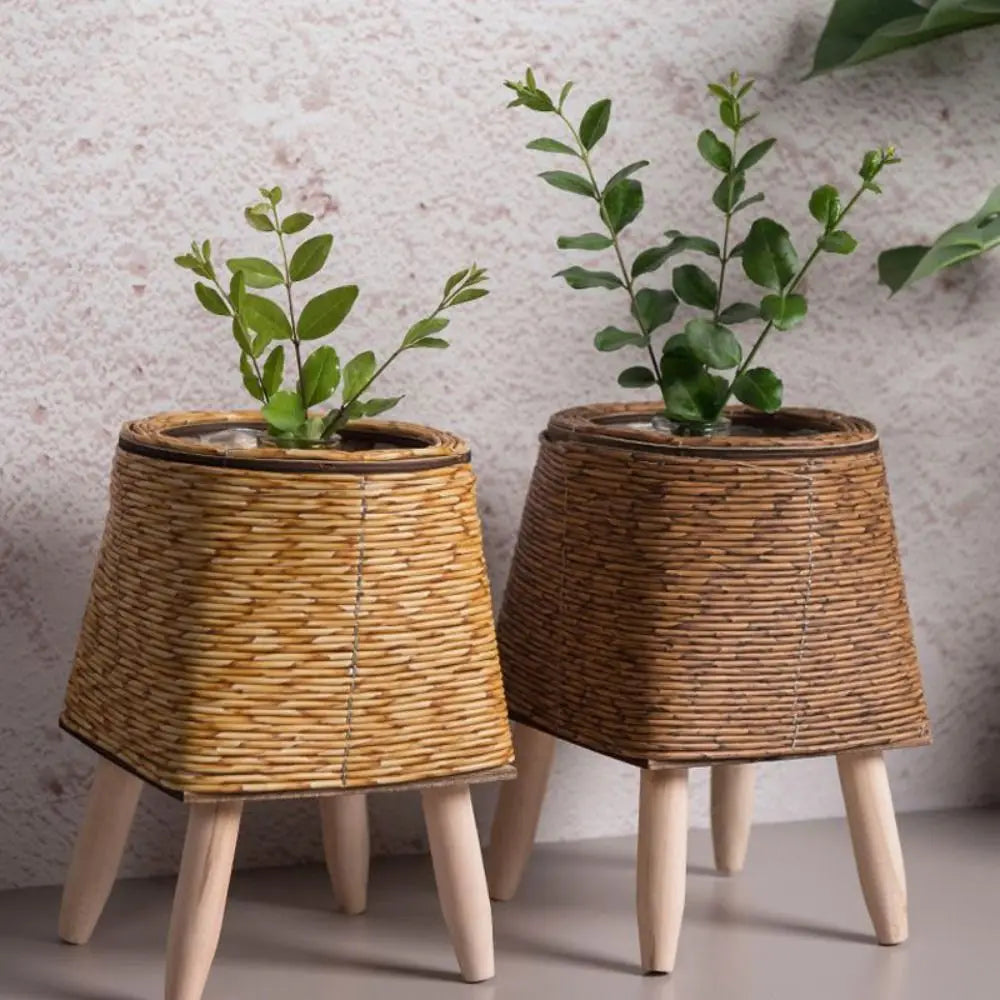 Nordic Rattan Style Plant Pot with Wooden Legs