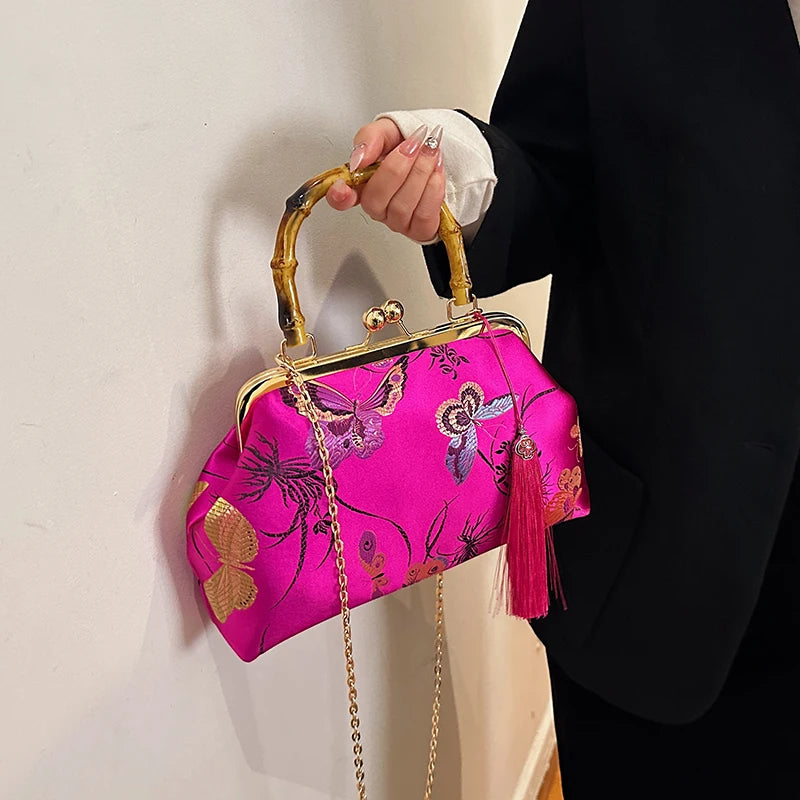 Luxury Embroidered Evening Handbag with Bamboo Handle