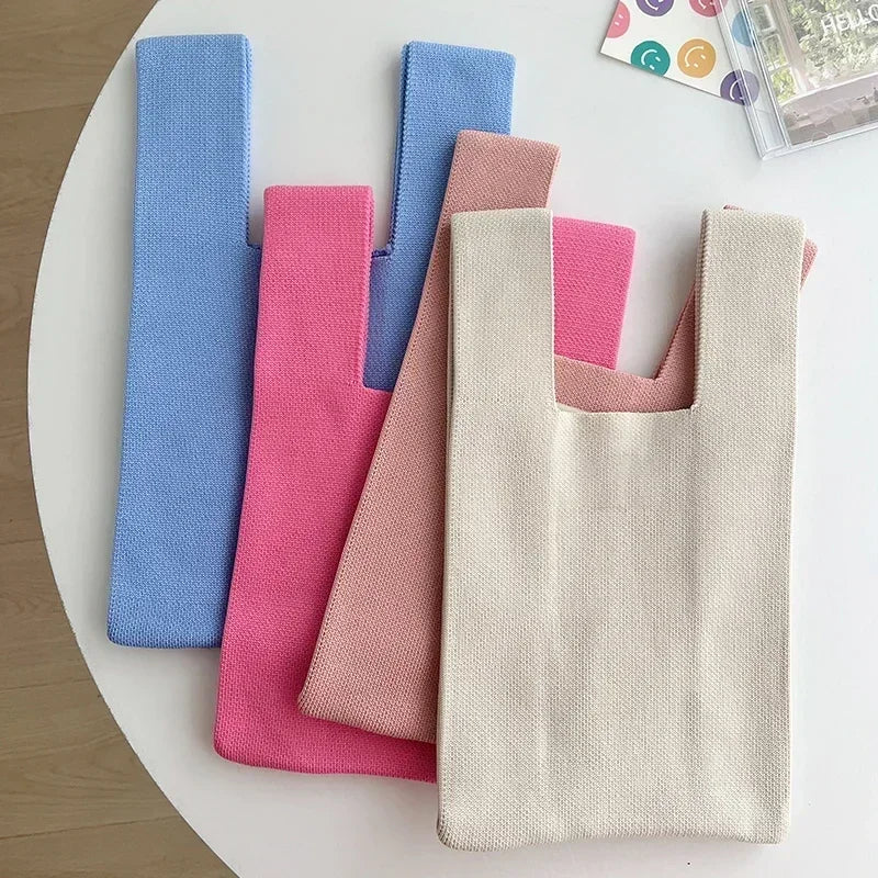 Handmade Knit Mini Tote Bag – Women’s Stripe Wrist Handbag