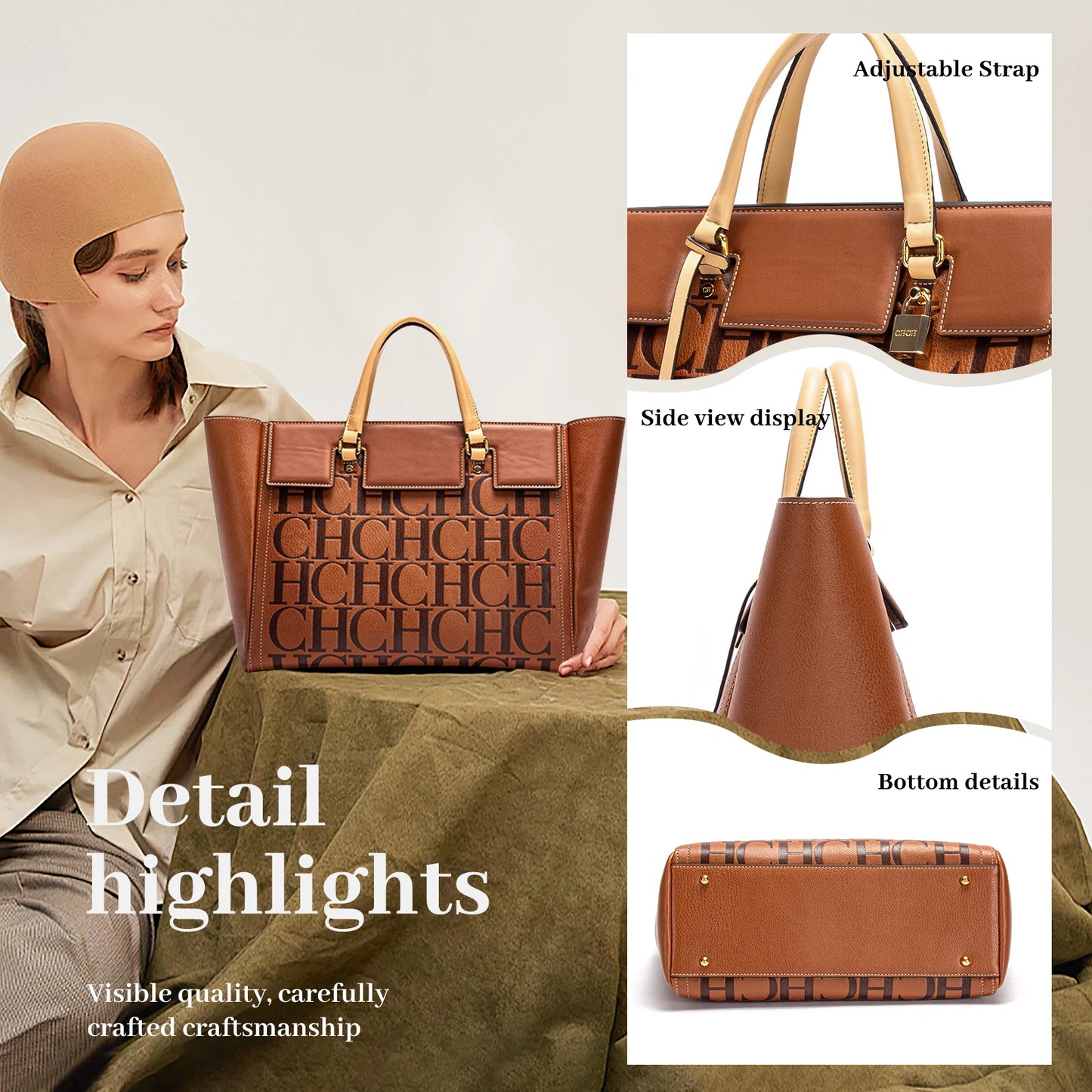 Large Capacity Embossed Tote Bag for Work, Office & Everyday Use