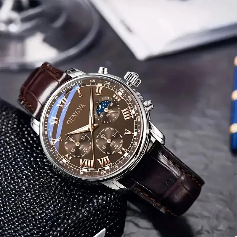 Roman Numeral Leather Strap Quartz Watch