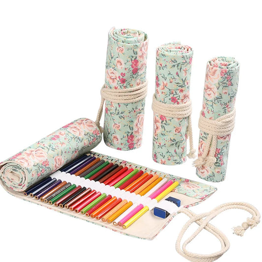 Canvas Roll-Up Pencil Case with Multi-Slot Storage