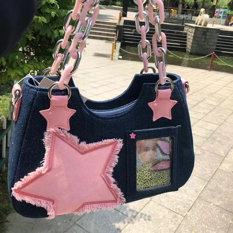 Denim Star Patch Hobo Shoulder Bag
