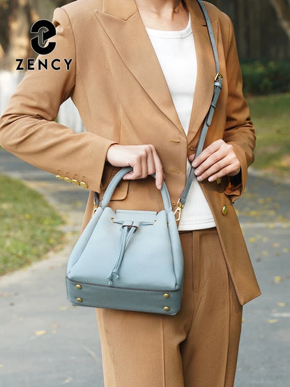 Genuine Leather Top-Handle Bucket Bag