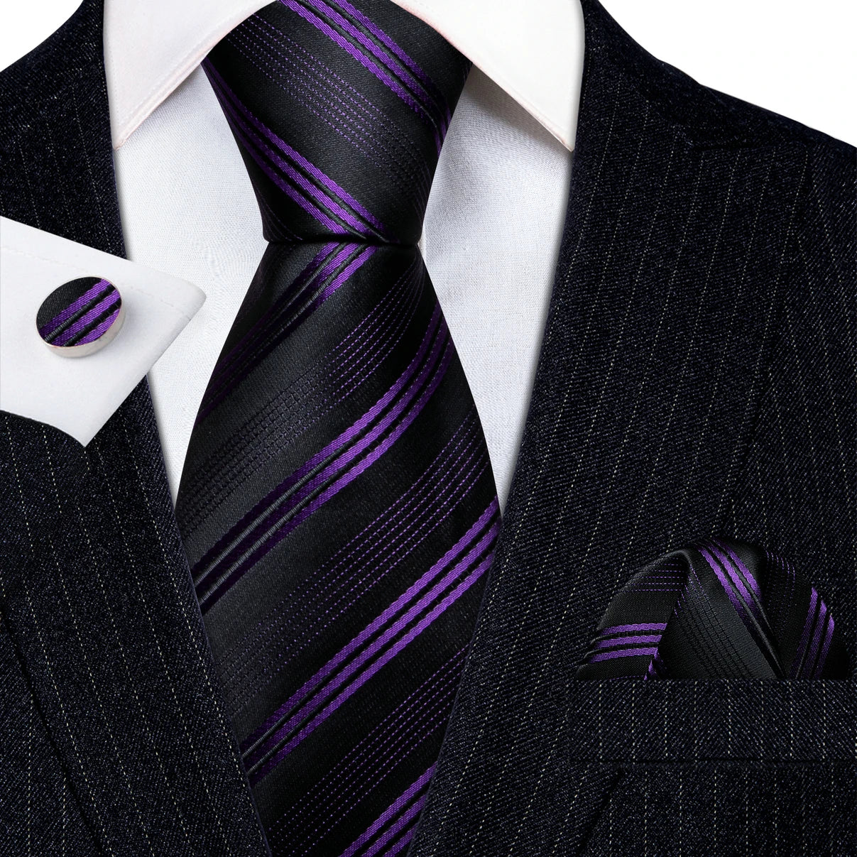 Barry Wang Jacquard Striped Silk Men's Tie Pocket Square Cufflinks Set