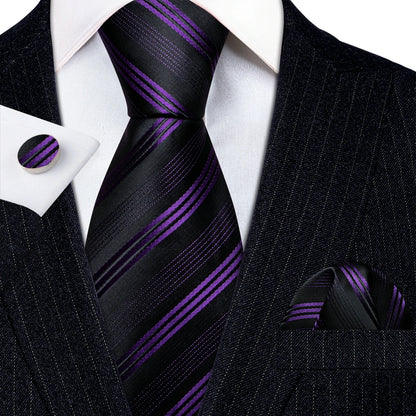 Barry Wang Jacquard Striped Silk Men's Tie Pocket Square Cufflinks Set