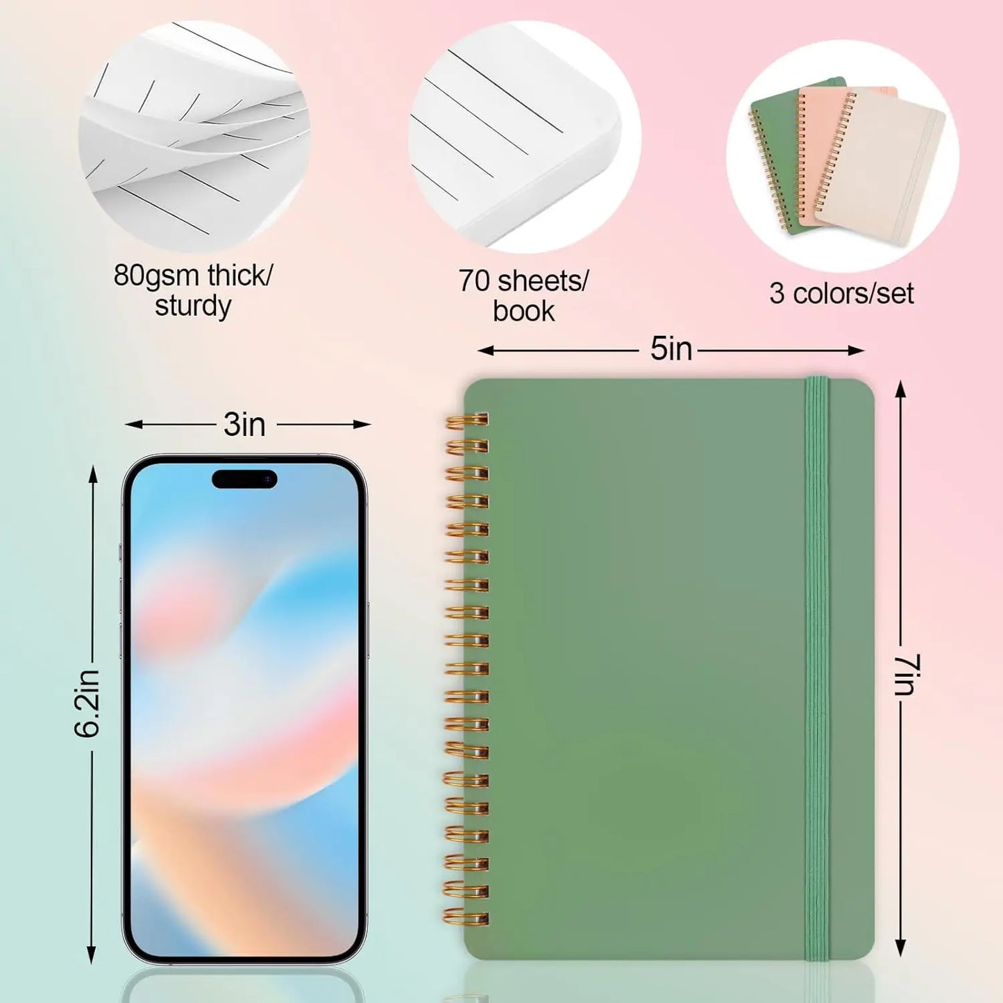 Set of 3 Morandi Spiral Journals with Elastic Closure – 70 Sheets Each