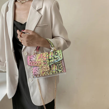 Studded Graffiti Crossbody Satchel Bag