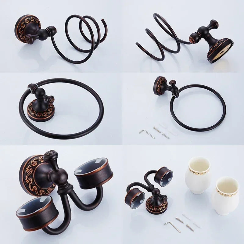 Black Bronze Carved Bathroom Hardware Accessories Set