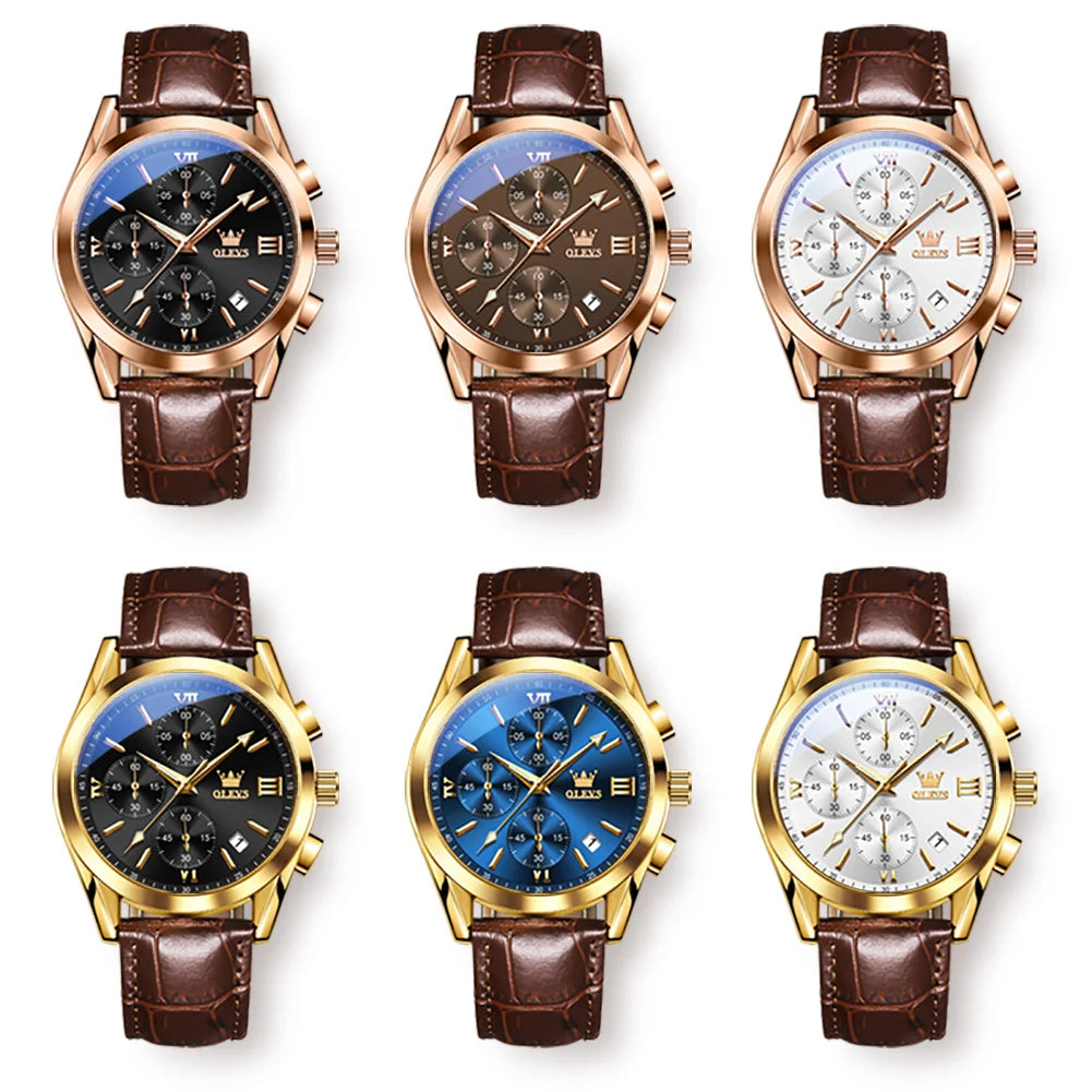 OLEVS 2872 Men's Leather Quartz Watch with Date & Luminous Dial