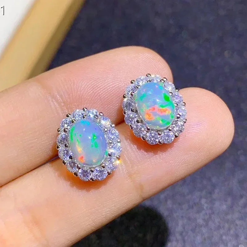 925 Sterling Silver Oval Opal Stud Earrings
