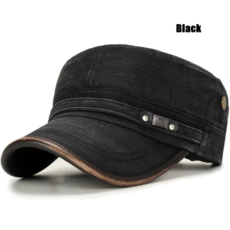 Washed Cotton Military Flat Cap with Leather Brim