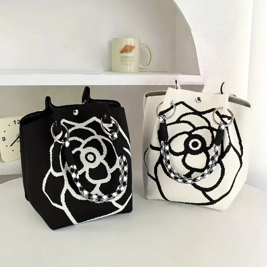 Floral Knit Tote Shoulder Bag