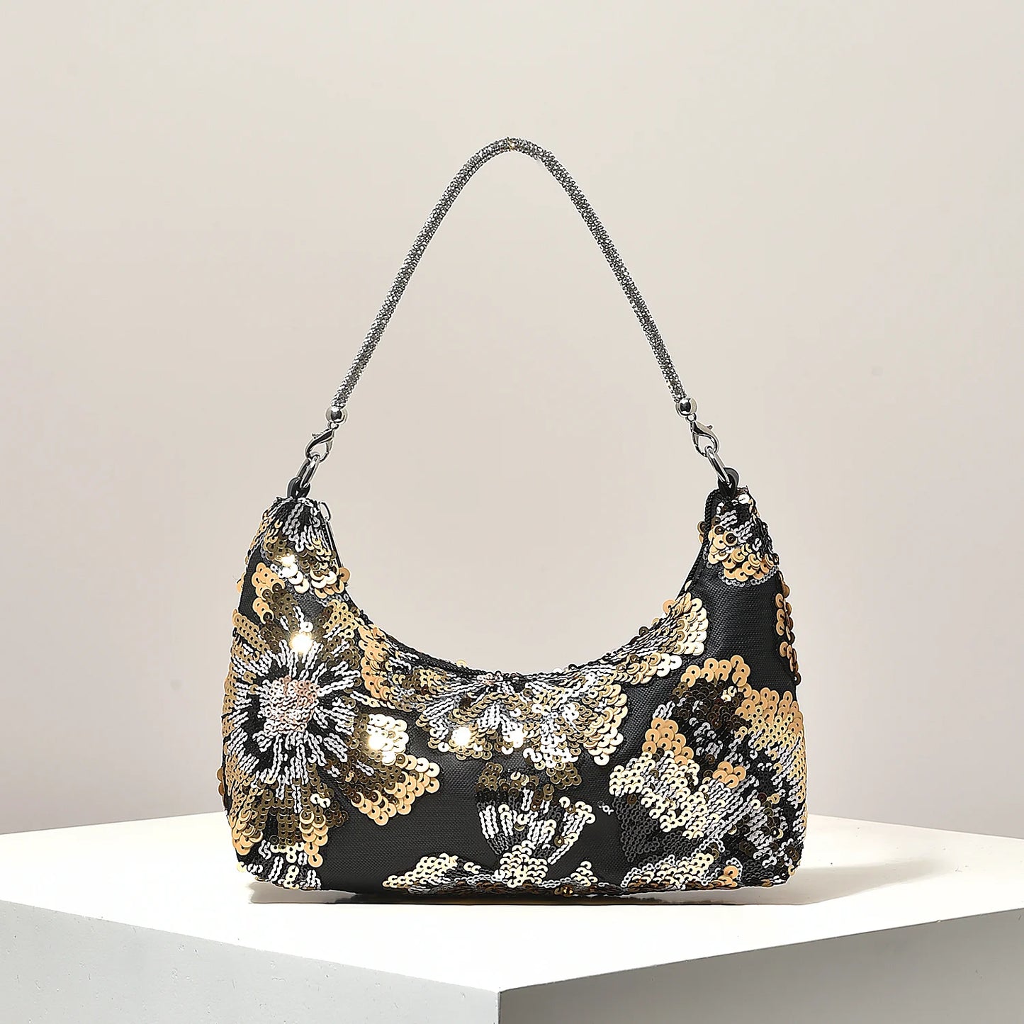 Floral Embroidered Sequin Shoulder Bag