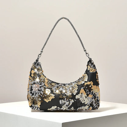 Floral Embroidered Sequin Shoulder Bag