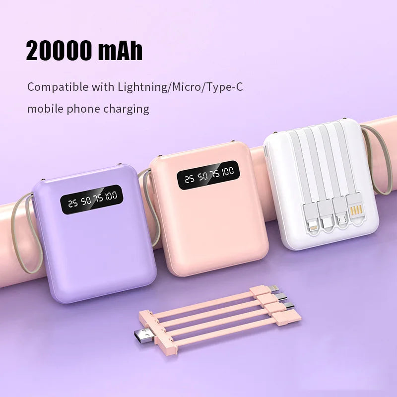 20000mAh Portable Power Bank with Built-in Cables