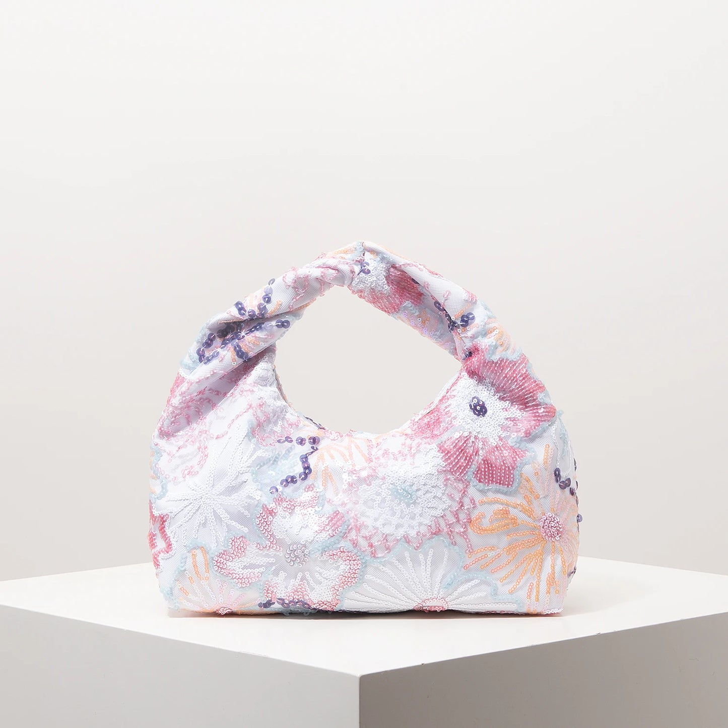 Floral Sequin Half-Moon Evening Bag