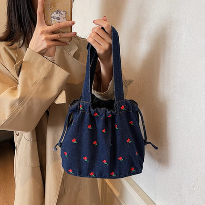 Embroidered Denim Drawstring Shoulder Tote Bag
