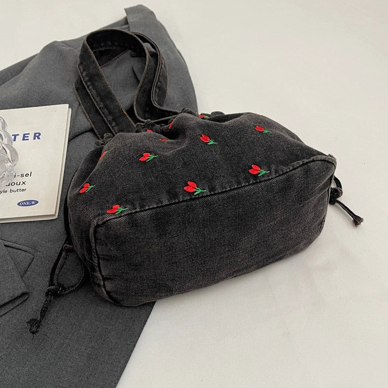 Embroidered Denim Drawstring Shoulder Tote Bag