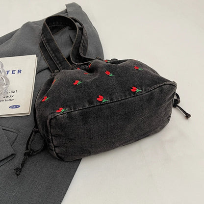 Embroidered Denim Drawstring Shoulder Tote Bag