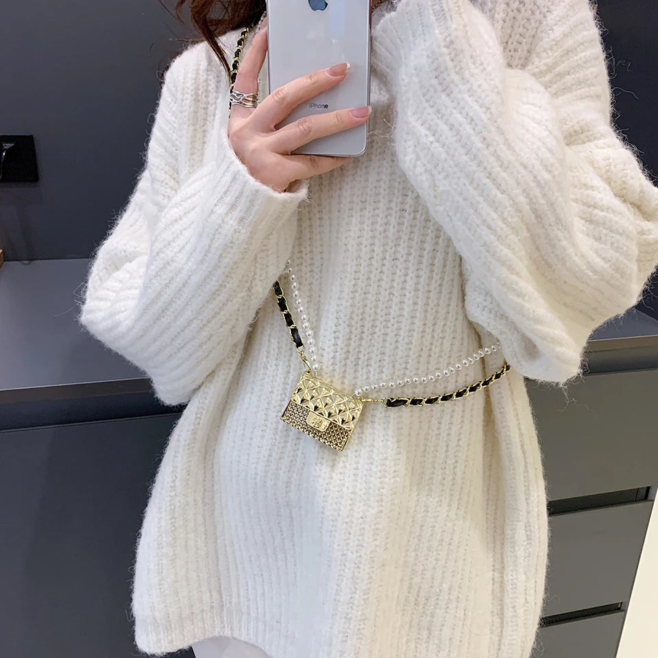 Mini Metallic Evening Box Bag with Pearl Chain