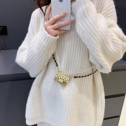 Mini Metallic Evening Box Bag with Pearl Chain