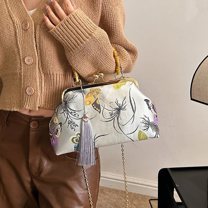 Luxury Embroidered Evening Handbag with Bamboo Handle