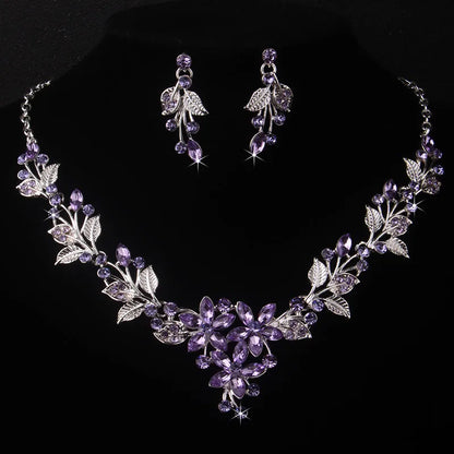 Purple Leaf Flower Wedding Necklace & Earring Set
