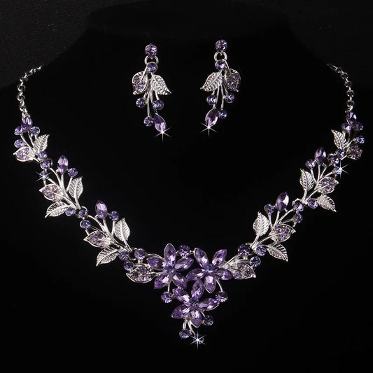 Purple Leaf Flower Wedding Necklace & Earring Set