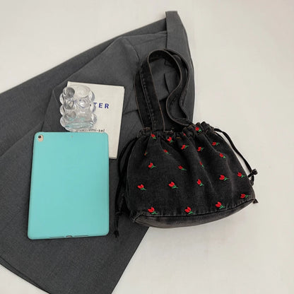 Embroidered Denim Drawstring Shoulder Tote Bag