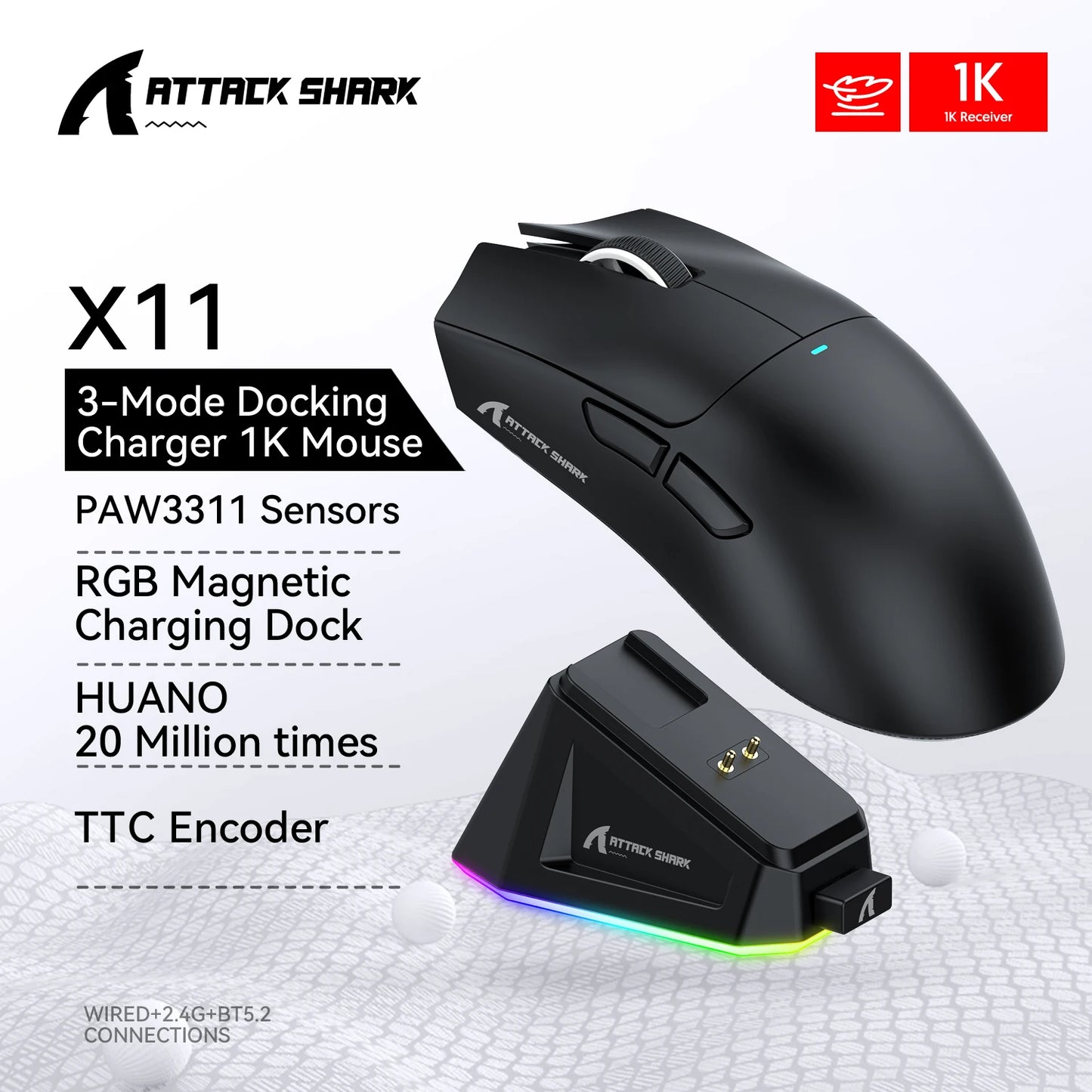 Ultra-Light RGB Gaming Mouse with PAW3311 Sensor & Magnetic Charging