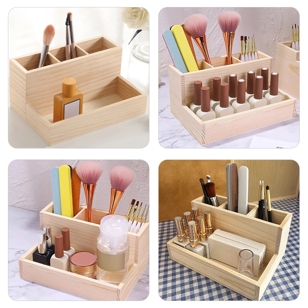 Wooden Multi-Compartment Makeup Organizer Box