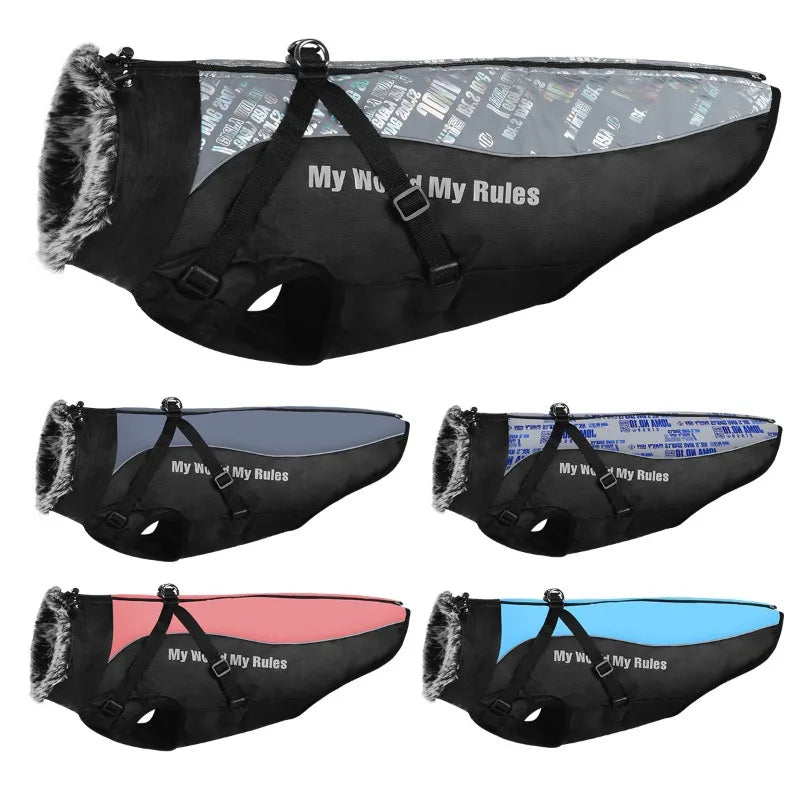 Reflective Winter Dog Coat with Faux Fur Collar for Large Dogs