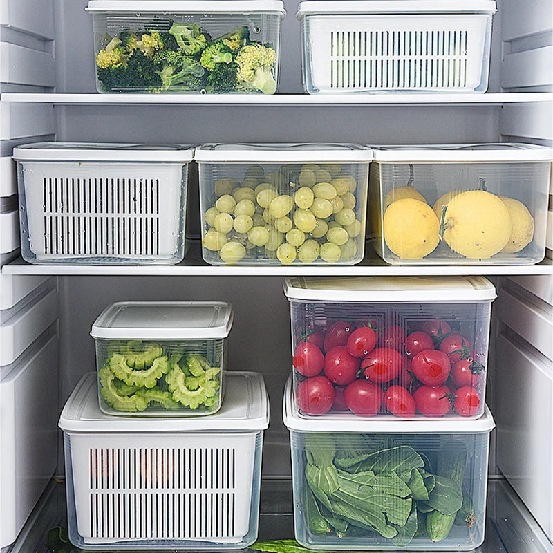 Refrigerator Storage Container with Drain Basket & Lid