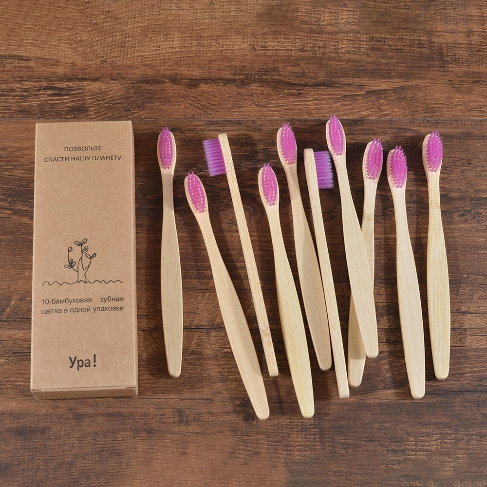 10PCS Natural Bamboo Colourful Toothbrush