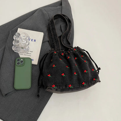Embroidered Denim Drawstring Shoulder Tote Bag